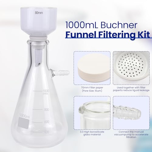 Vakuumfiltrationskit - enthält 1000mL Filterkolben, Handvakuumpumpe, 80 mm Buchner-Trichter, 100 Stück Filterpapiere, Gummischlauch und Stopfen für das Labor