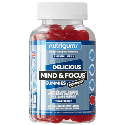 Mind & Focus Ashwagandha Gummy | Ashwagandha L-Theanine Vitamins D B5 B6 & B12 | Raspberry Flavour | 60 Vegan Gummies | Cognitive Health Nervous System and Mental Performance by NUTRIGUMS