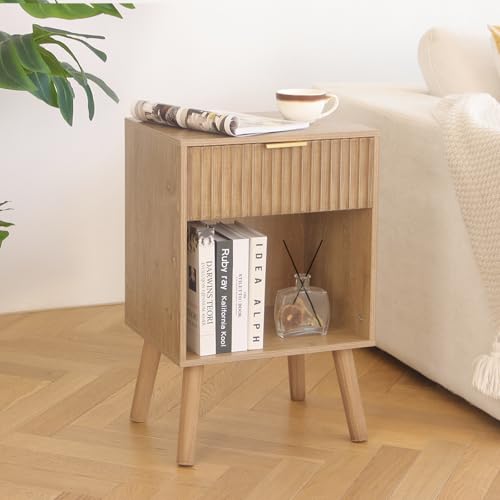 Image of Fultyle Night Stand with Drawer, Mid Century Nightstand with Storage, Modern Fluted Bedside Table Bedroom Living Room for Small Space, Office (Rustic Walnut)