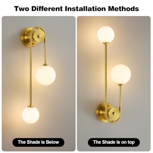 Image of Globe Wall Sconce, Double Hanging Ball Sconce, Modern Indoor Sconces | Gold Double Globe wall Sconce with Milk Glass Shades, Hardwired Indoor ball Sconce for Bedroom Bathroom Living Room Hallway
