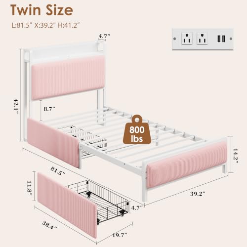 Image of GAOMON Twin Size Bed Frame with 2 Drawers and Charging Station, Pink