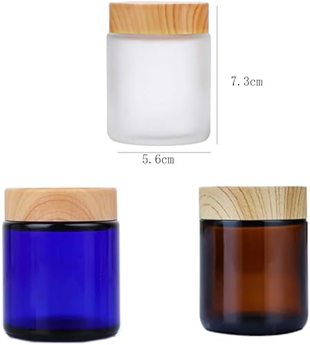 Miniatura 2 de 4 frascos de vidrio azul de 3.4 onzas de 3.4 onzas con tapas de grano de madera, recipientes vacíos recargables para cosméticos para loción, crema,