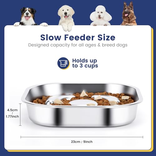 PETTOM Antischlingnapf Hunde Edelstahl, Anti Schling Napf Hund 23 * 23cm, Slow Feeder Hundenapf rutschfest Spülmaschinenfest für Große und Mittelgroße Hunde