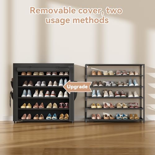 Image of LANTEFUL Shoe Rack with Covers 5 Tier Tall Shoe Rack Organizer Large Capacity Shoe Shelf Storage 20-24 Pairs Space Saving Free Standing Shoe Storage Organizer for Closet, Entryway, Dorm, Black