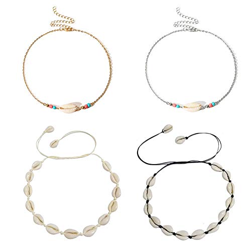 Mingjun Lot de 4 pendentifs ras du cou en coquillage naturel fait à la main réglables pour femmes et filles