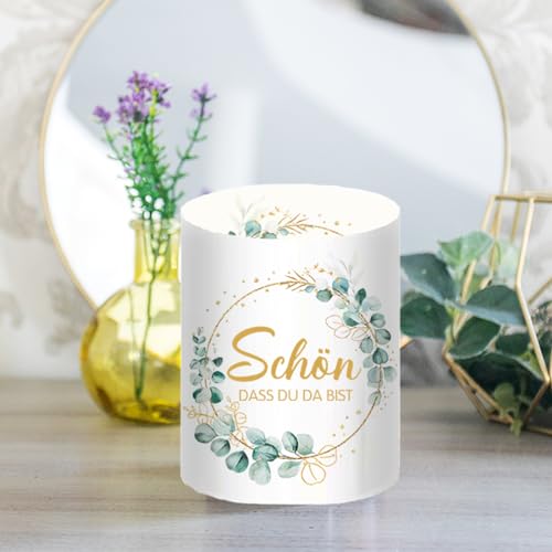 12 Stück Windlicht Tischdeko Schön DASS du da bist, Teelichter Eukalyptus Grün Deko, Windlichter Taufe Kommunion Tischdeko, Lichthülle Taufe Konfirmation Junge Mädchen Erstkommunion Baby Shower Deko