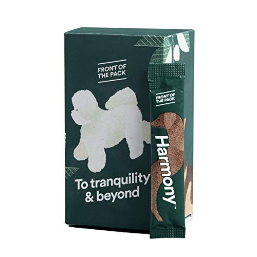 FRONT OF THE PACK Harmony Dog Anxiety Relief â€“ Dog Calming Supplement with Clinically Proven Ingredients â€“ Natural Dog Stress Relief Supplement â€“ Targeted Canine Anxiety Relief (1 Box - 30 Sachets)
