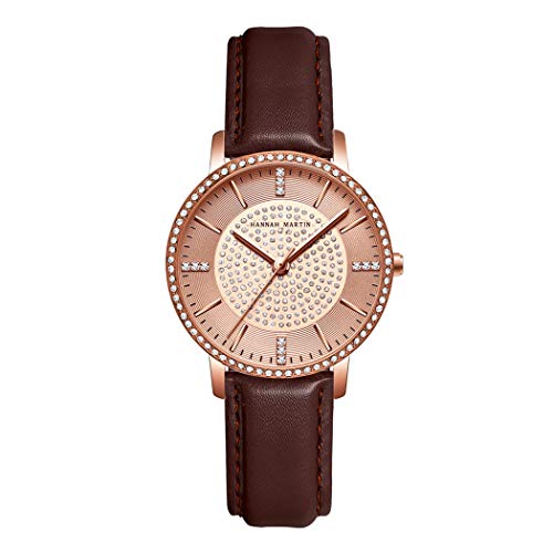 Allskid Femmes Montres Luxueux Cercle Strass Cadran Cuir PU Bande de Montre Filles Quartz Montres-Bracelets (34mm, Marron+Or Rose) Cover