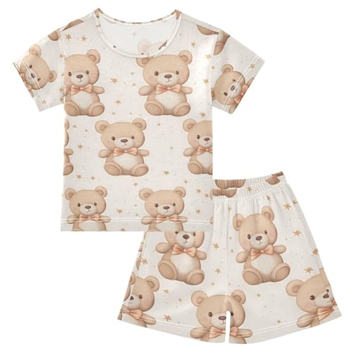 ALAZA Bear Bow Star Pajamas Set Short Sleeve Cotton Sleepwear Summer Pjs 2 Piece 5-14Y