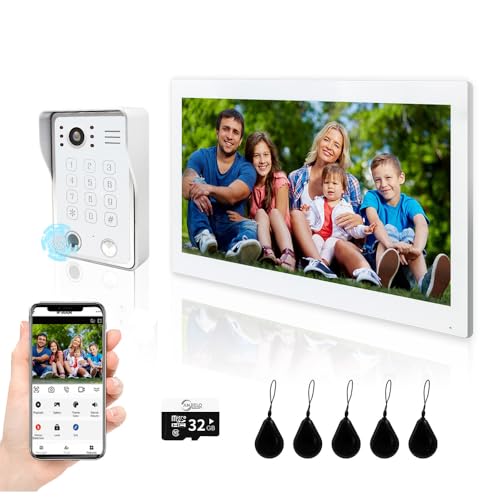 Videoportero de 10 Pulgadas Timbre con Cable 1080P con Pantalla táctil, desbloqueo por Huella Dactilar/RFID/contraseña, integración con la aplicación Tuya para Casas (1 Timbre+1 Monitor)