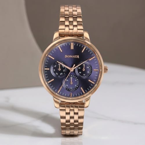 Image of Sonata Verve Quartz Analog with Navy Blue Dial Rose Gold Sheet Metal Strap Watch for Women - 87102WM01