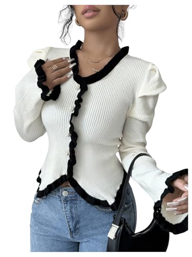 Image of SweatyRocks Women's Elegant Sweater V Neck Long Puff Sleeve Knitted Pullover Tops Beige Medium