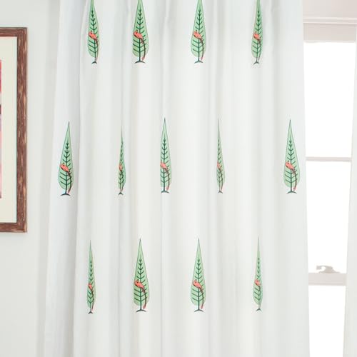 Image of Tranquebar Curtain Co. Cotton Curtains 7 Feet Long Set of 2, 60-65% Room Darkening, Coral & Green Ethnic Curtains Bird Print, Door Curtains 7 Feet Set of 2, with Eyelet, Tori (213 cm) - Set of 2