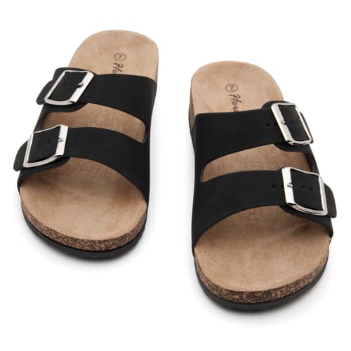 Image of Herstyle Womens Cork Footbed Slides for Women, Double Strap Flat Sandals, Adjustable Buckle Comfort Slip On Shoes, Summer Beach Casual Walking Slippers