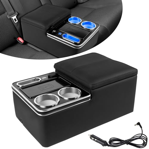 Organiseur d'accoudoir de voiture avec charge sans fil LED et porte-gobelet arrière