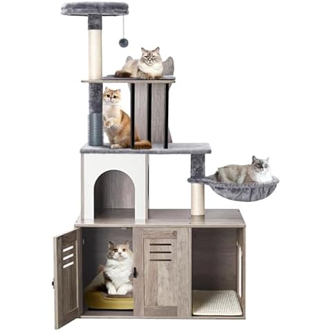 Snughome Cat Tree with Litter Box Enclosure Furniture, 2-in-1 Modern Cat Tower for Indoor Cats, 58.66’’ Wood Cat Condo with Scratching Post and Hammock, Indoor Cat Furniture with Large Platform, Grey Cover