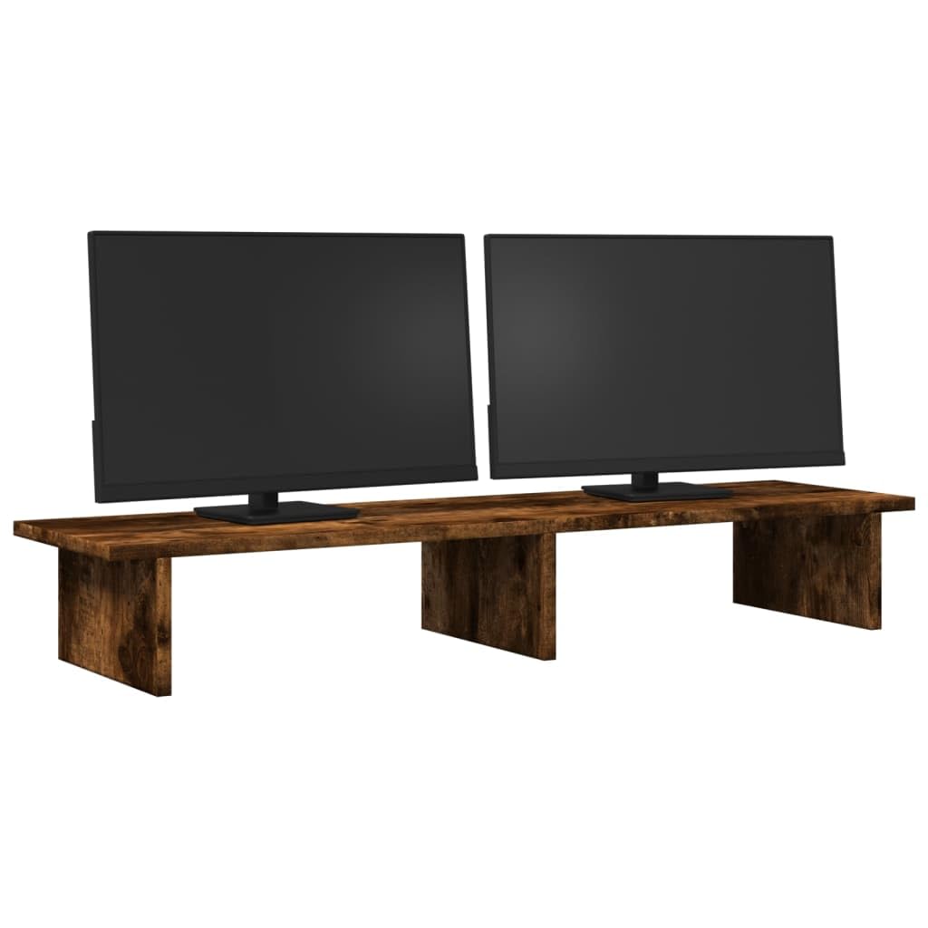 Supporto per monitor in legno di rovere affumicato, 100 x 27 x 15 cm, per due monitor, portata 20 kg, organizer da scrivania per ufficio e home office