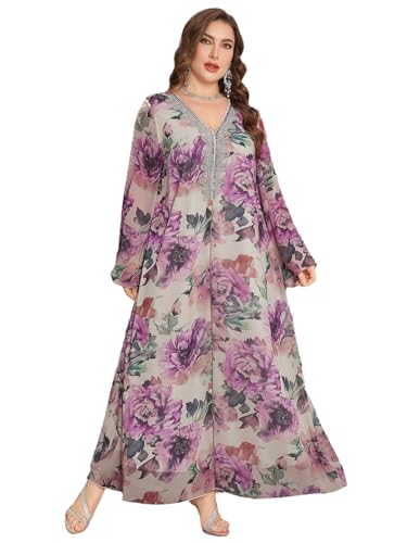 Image of Spring Summer 2024 Plus Size Womens Dresses V Neck Casual Elegant Long Sleeve Floral Print Maxi Dress