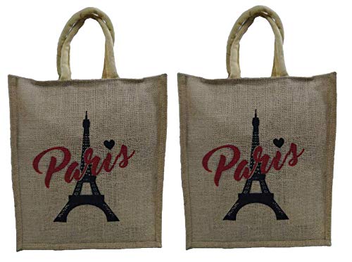 Eco Friendly Reusable Jute Bag, Printed Jute Bag, Grocery Shopping Bag, Multi-Purpose Bag, Jute Lunch Bag, Sturdy Handle with Zipper Lock (Pack of 2)(14IN X 12IN X 4IN)