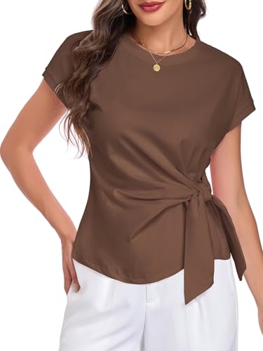 Image of HOTIAN Womens Cap Sleeve T Shirts 2026 Tie Waist Wrap Tops Crew Neck Blouses Casual Loose Work Business Dressy