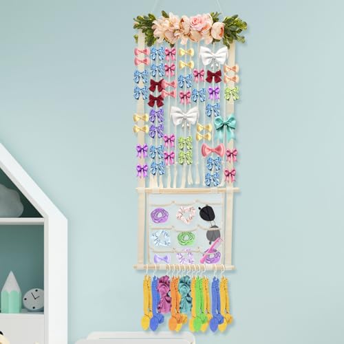 Tcwhniev Wall Hanging Hair Bows Holder, Headband Organizer for Kids Room Nursery, Decorative Hair Bows Organizer, Handmade Hair Clips Storage Hanger With Hooks for Wall Door Cabinet Nursery Room