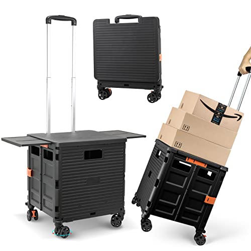 Foldable Utility Cart with Stair Climbing Wheels,Collapsible Rolling Crate with Magnetic Lid Telescopic Cover,Tilt Tie Rod Telescoping Handle