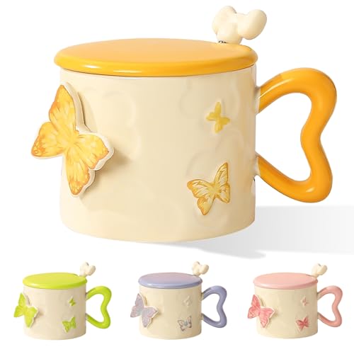 Taza de café de mariposa, taza de cerámica amarilla de 350ml, taza de cerámica 3D con mariposas y tapa y cuchara, taza para leche, café, zumo, dulces regalos para niñas, mamá, amiga