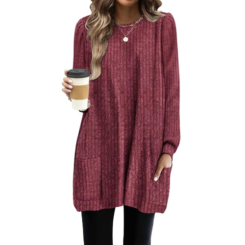 Knit T Shirt for Women 2024 Oversized Crewneck Long Sleeve
