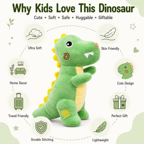 Image of Green Dinosaur Plush Soft Toy for Kids & Babies, 30 cm | Ultra Soft Stuffed Dinosaur Teddy | Cute Huggable Plush Animal Toy | Birthday Gift for Girls, Boys & Toddlers | Home Room Decor