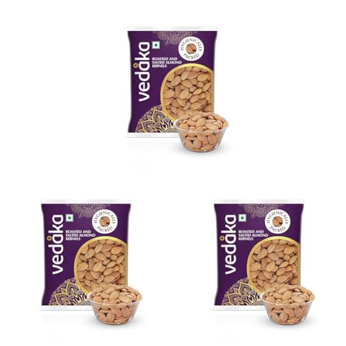 Image of Amazon Brand - Vedaka Premium Roasted & Salted Almonds | 200 Gram | Lightly Salted California Almonds | Badam | Dry Fruit Snack | Delicious & Crispy (Pack of 3)