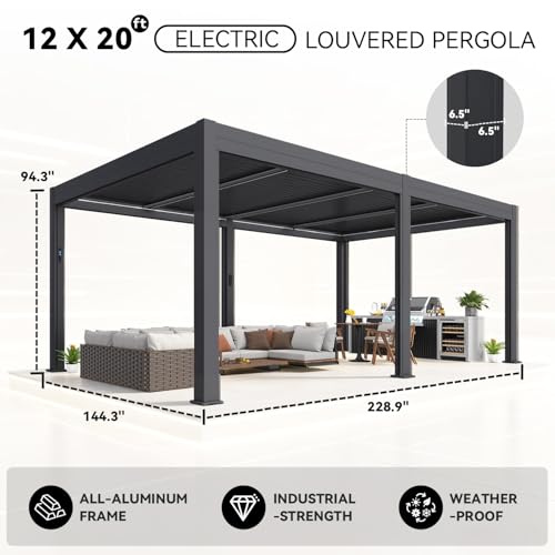 Image of MELLCOM Motorized Louvered Pergola 12x20, Solar & Electric Powered with LED Lights and 6 Side Screens, Aluminum Adjustable Louvered Roof, Weatherproof Outdoor Shelter