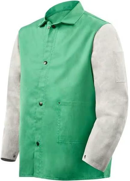 Flame Resistant Jacket w/Leather Sleeves, Green/Gray, S, Mfr: 1230-S-A