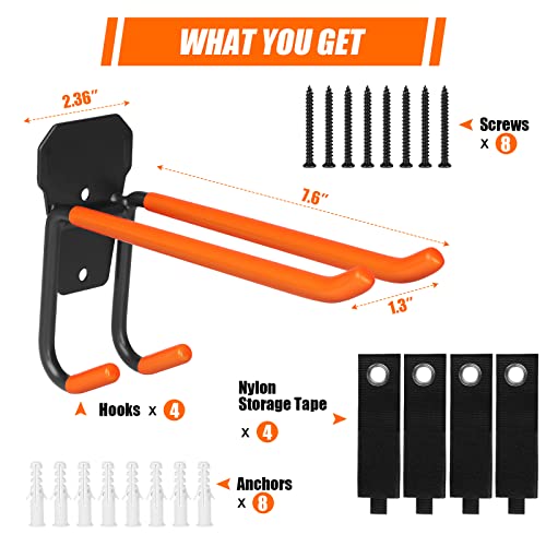 Tvkb Garage Hooks Heavy Duty Tool Organizer, Wall Mount Hanger Rack Garage Storage Utility Hooks 4 Pack With 2 Nylon Straps For Car Tires, Ladders, Chairs, Power Tools, Garden Tools 8Pcs #TOP6