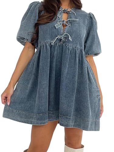 Image of Women Tie Front Denim Dress Round Neck Puff Sleeve A-line Mini Jean Dress with Pockets