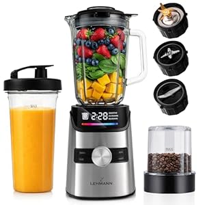 LEHMANN Standmixer 3-in-1 mit Glasbehälter 1, 7 L, To-Go-Trinkflasche & Mahlwerk, 10 Geschwindigkeiten, Puls, 3 Programme für Smoothie, Milkshake, Eis-Crush, Spülmaschinengeeignete Teile, 1400 W