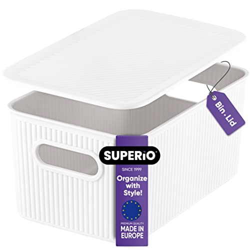 Superio Ribbed Collection - Decorative Plastic Lidded Home Storage Bins Organizer Baskets, Medium White (1 Pack - 5 Liter) Stackable Container Box, For Organizing Closet Shelves Drawer Shelf #TOP9