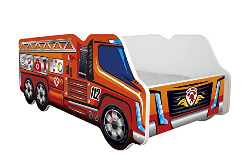 Topbeds Lit d'enfant Truck 140x70 cm, Brigade de Pompiers, avec Matelas en Mousse, Cadre en Bois de hêtre, Construction Durable, sûr, Confortable, Design Unique