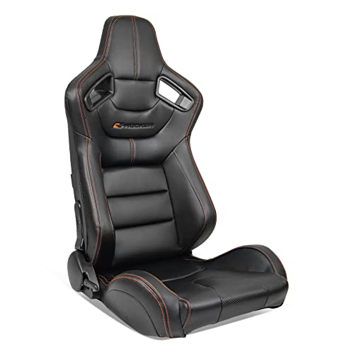 IKON MOTORSPORTS, Universal Racing Seats with Dual Sliders, Black with Orange Stitch PU & Carbon Leather Reclinable Right Passenger Side