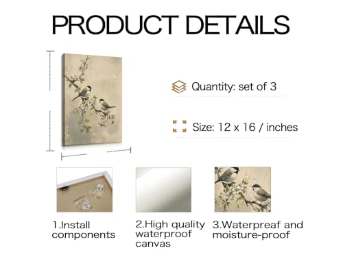 Image of Frimeeme Bird and Blossom Canvas Wall Art Set of 3, 12x16 inch