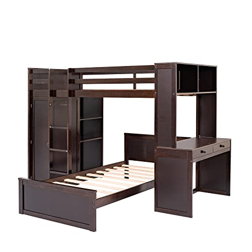 Moeo Twin Size Loft Bed With Shelves, Desk, A Stand-Alone Bedframe And Wardrobe For Kids & Teens, Save Space, Wood, No Box Spring Required, Espresso #TOP3