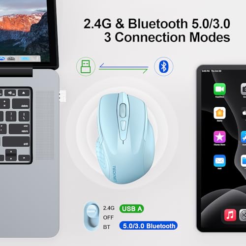 Image of TECKNET Wireless Mouse, BT 5.0 /2.4G, Rechargeable 6-DPI Silent, Lightblue | Bluetooth 5.0 /3.0 & USB A, 2-Device Easy Switch, Wide OS Compatible, 6 Buttons, 6-DPI up to 4800, Ergonomic for S to M Hands