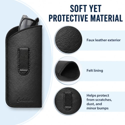 Image of Calabria Slim Faux Leather Eyeglass Case Soft Slip-In Design [Black with Clip - 1 Pack] | Compact Protective Pouch | Soft Case for Glasses | Lightweight Sunglass Storage