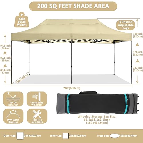 Image of COBIZI 10x20 Pop Up Canopy Tent,Heavy Duty Canopy(Khaki Gray No Sidewalls)