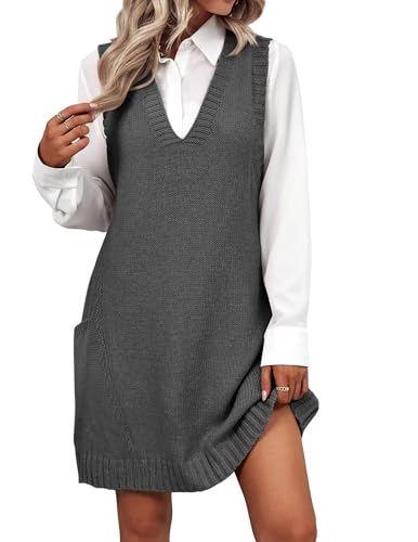 Image of Zeagoo Womens Sweater Vest Dress Pattern Knitted Pullovers Sweaters V Neck Tank Sweater Dress with Pockets