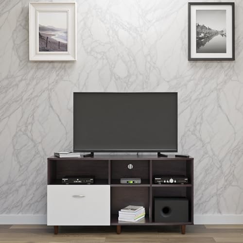 Image of VIKI Modern TV Unit for Living Room | Engineered Wood TV Cabinet with 1 Drawer Storage & 3 Open Shelves, Entertainment Unit, 140W x 74H x 40D cm | DIY | 1 Year Warranty (Wenge & White)