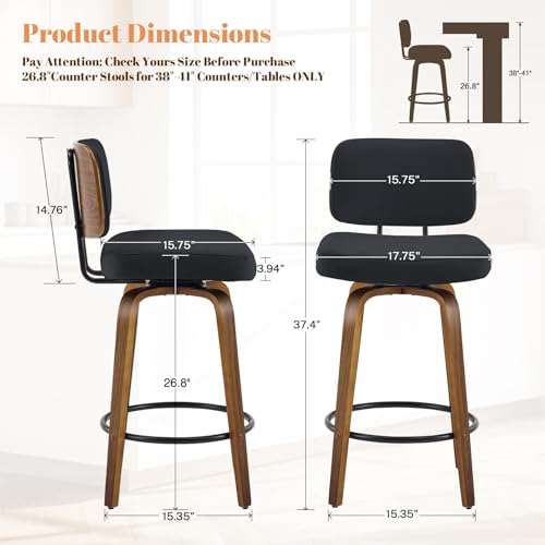 Image of Counter Height Bar Stools Set of 2, 26+inch Swivel Faux Leather Barstool with Back, Upholstered Mid-Century Modern Bar Chairs with Bent Wood Legs for Kitchen Counter, Dining Room