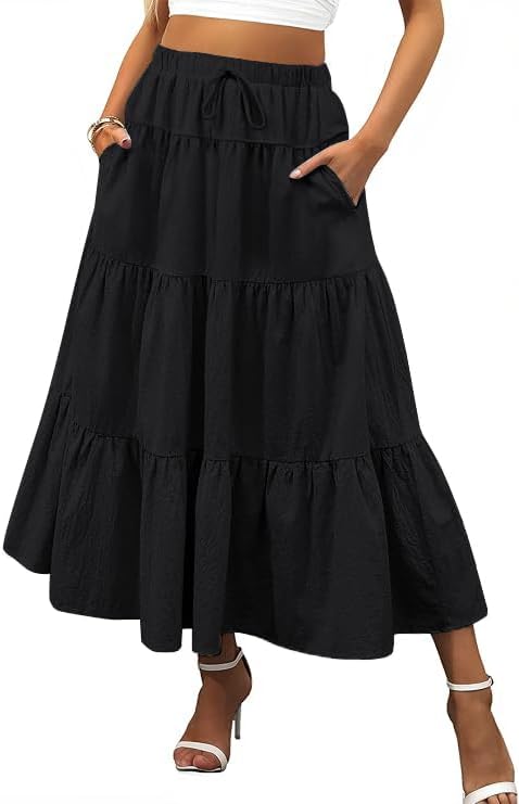 SEMARO Summer Maxi Skirts for Women Tiered A-Line Boho Flowy Long Skirts High Waist Beach Dress with Pockets