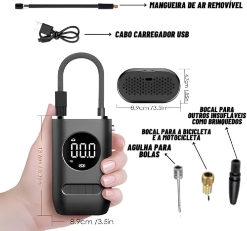 Compressor de Ar Portátil Digital, Bomba De Ar Para Encher Pneu Carro Moto Bicicleta Bolas e Infláve