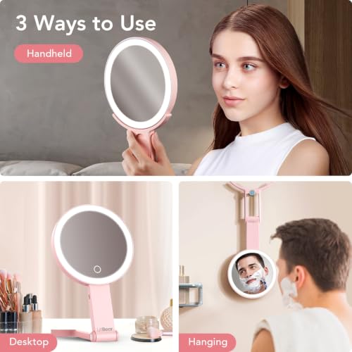 Image of LitBear Travel Makeup Mirror with Lights, Rechargeable Double-Sided 10X /1X Magnifying Mirror, Portable Lighted Beauty Mirror, 3 Color Lighting, Dimmable Touch Screen, Tabletop Handhold Hanging (Pink)