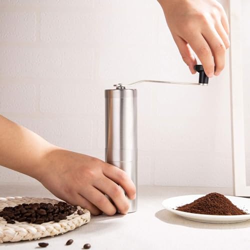 Image of Even Manual Coffee Grinder, Stainless Steel, Adjustable Ceramic Burr Mill with 4 Grind Settings, Portable Hand Crank Coffee Bean Grinder for Home, Travel, Camping